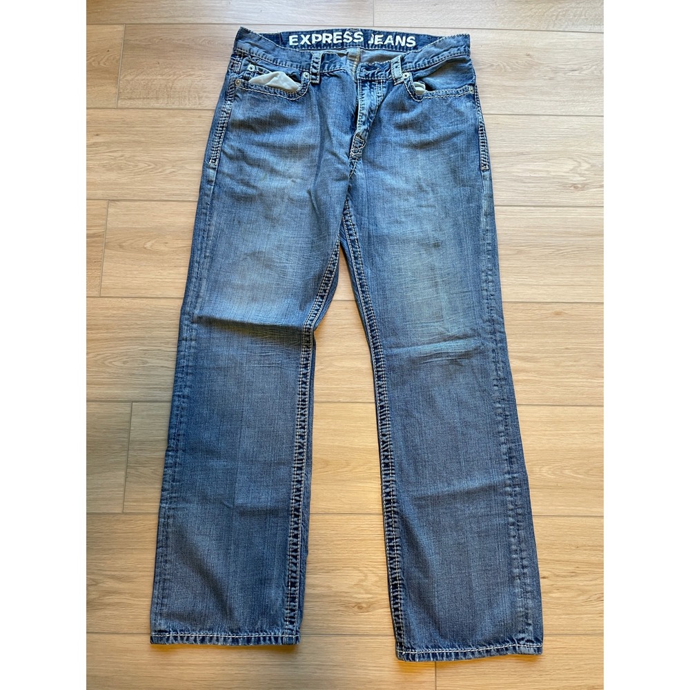 Express Jeans Mens 34x34 Loose Low Rise Bootcut Blue Denim Cotton Pants SKU 248